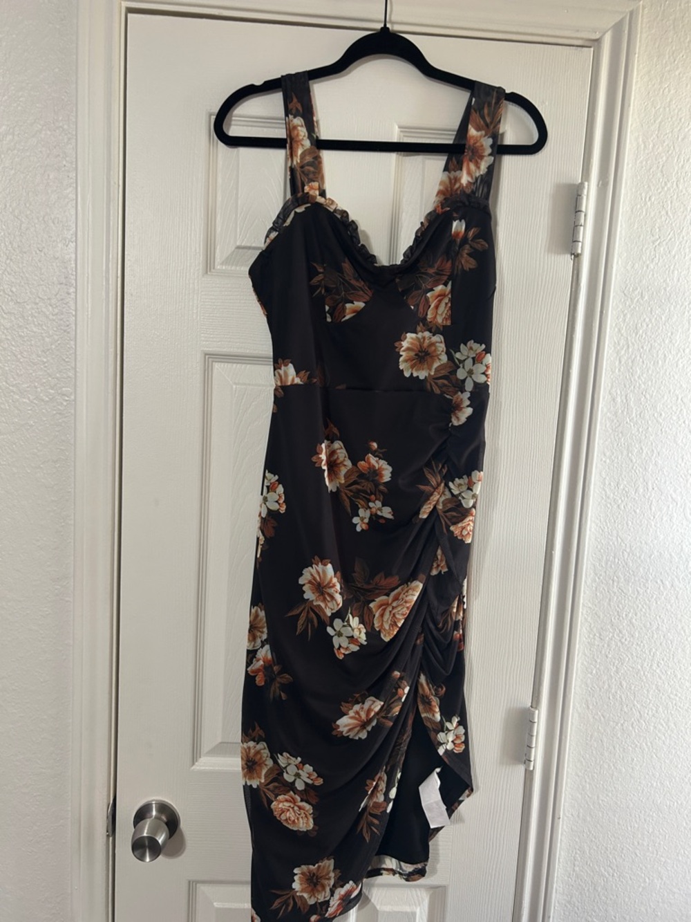SHEIN Black Floral Ruched Midi Dress with Cream & Brown Blooms